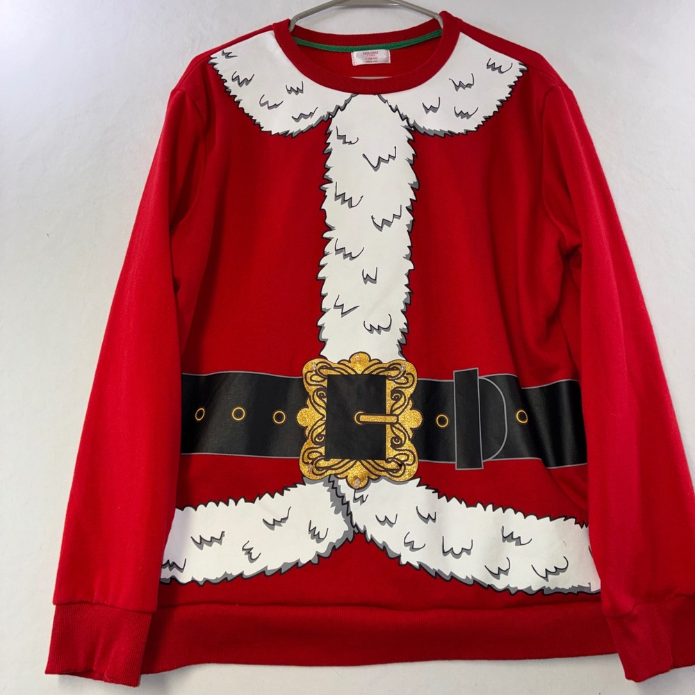 561 Festive Holiday Time Santa Suit Sweatshirt L Red  Belt Graphic Funny Ugly